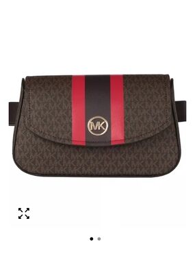 Michael Kors Brown Monogram Belt Bag with Red and Black Stripe